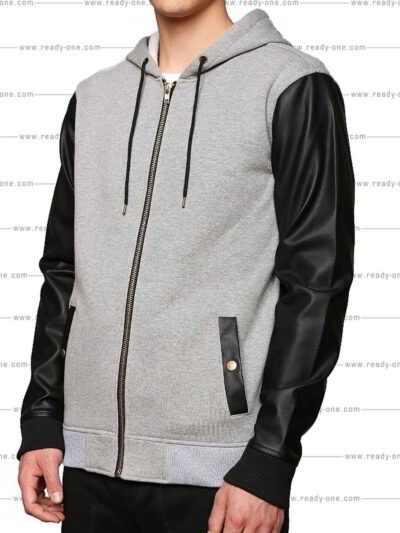 Grey hoodie with PU leather sleeves, custom-made with exceptional stitching details and contemporary design