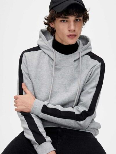 Rich navy custom stripes logo hoodie with smooth texture, high-quality stitching, and prominent logo