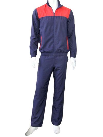 Close-up of a custom two-piece tracksuit. Smooth, vibrant fabric with reinforced stitching. Features a zip-up jacket and comf