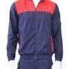 Close-up of a custom two-piece tracksuit. Smooth, vibrant fabric with reinforced stitching. Features a zip-up jacket and comf