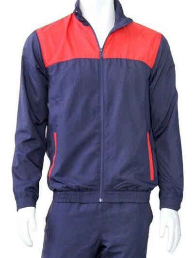 Close-up of a custom two-piece tracksuit. Smooth, vibrant fabric with reinforced stitching. Features a zip-up jacket and comf