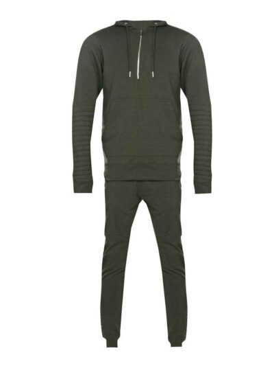Ribbed biker tracksuit in soft cotton. Close-up shows textured fabric, reinforced stitching, and customizable panels. Premium