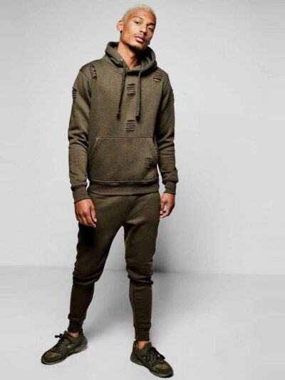 Distressed fleece tracksuits. Heavily textured, visible seams. Heathered grey & dark blue. Ribbed cuffs. Premium quality loun