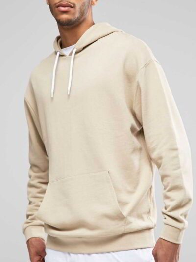 Half white pullover hoodie with custom blank design, showcasing intricate stitching and soft fabric texture