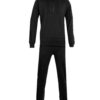 Biker-style tracksuit. Premium knit, visible stitching. Luxury sportswear: dark heather grey jacket, black bottoms. Sporty, c