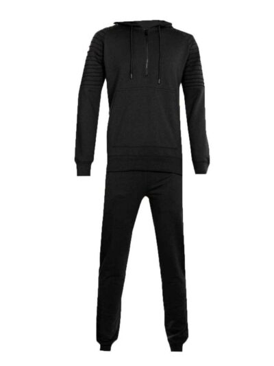 Biker-style tracksuit. Premium knit, visible stitching. Luxury sportswear: dark heather grey jacket, black bottoms. Sporty, c