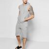 Sleeveless hooded tracksuit, close-up on soft knit fabric, detailed stitching. Activewear set in gradient blues, ideal for gy
