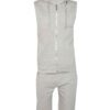 Sleeveless hooded tracksuit, close-up on soft knit fabric, detailed stitching. Activewear set in gradient blues, ideal for gy