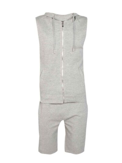 Sleeveless hooded tracksuit, close-up on soft knit fabric, detailed stitching. Activewear set in gradient blues, ideal for gy