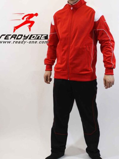 High-end jogging tracksuit. Close-up shows smooth fabric, likely double-knit. Fine stitching detail. Light gray with subtle d