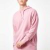 Light pink, oversized drop shoulder hoodie, with visible soft, fleece-like inner fabric, and robust double stitching.