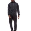 Premium jogger tracksuit: heather grey knit fabric, visible fine stitching, relaxed fit. Sporty luxe loungewear with deep poc