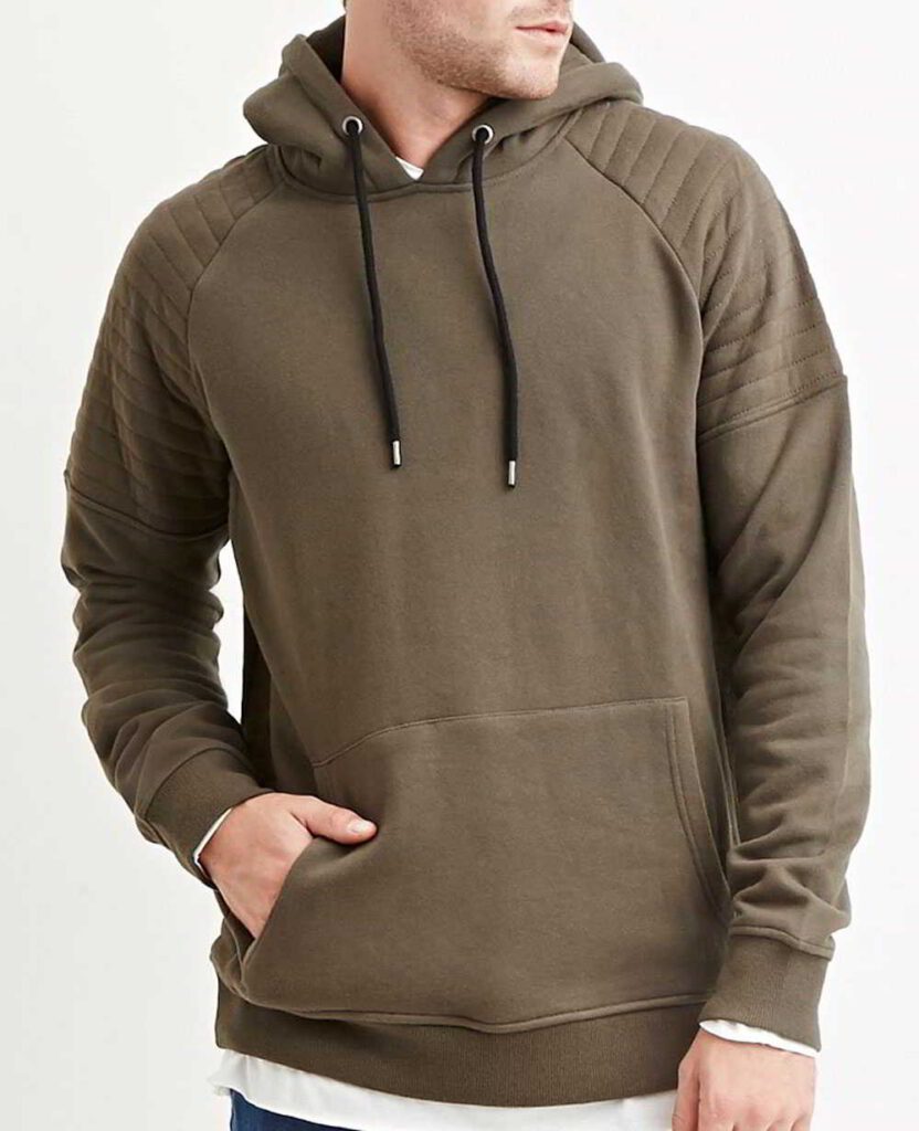 Close-up of a textured charcoal grey biker hoodie. Heavy stitching, oversized hood, and comfortable pullover style visible. Q