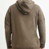 Close-up of a textured charcoal grey biker hoodie. Heavy stitching, oversized hood, and comfortable pullover style visible. Q
