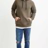 Close-up of a textured charcoal grey biker hoodie. Heavy stitching, oversized hood, and comfortable pullover style visible. Q
