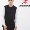 Sleeveless black hoodie. Close-up shows textured fabric, durable stitching. Custom cut & sew design. Athletic, modern menswea