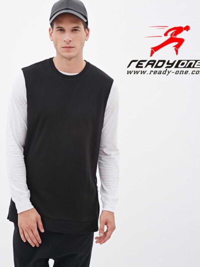 Sleeveless black hoodie. Close-up shows textured fabric, durable stitching. Custom cut & sew design. Athletic, modern menswea