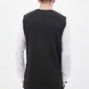 Sleeveless black hoodie. Close-up shows textured fabric, durable stitching. Custom cut & sew design. Athletic, modern menswea
