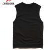 Sleeveless black hoodie. Close-up shows textured fabric, durable stitching. Custom cut & sew design. Athletic, modern menswea
