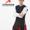 Sleeveless black hoodie. Close-up shows textured fabric, durable stitching. Custom cut & sew design. Athletic, modern menswea