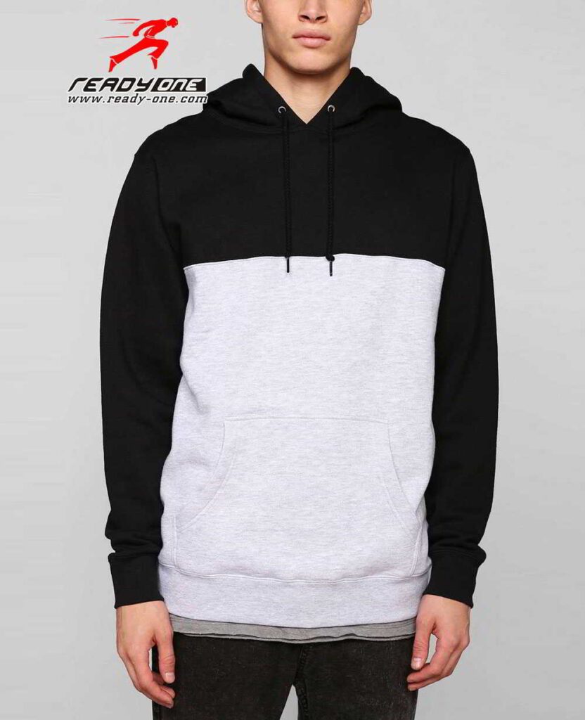 Black and white pullover hoodie. Soft fleece texture, sturdy stitching. Adjustable drawstring hood, comfortable fit. - View 1