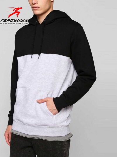 Black and white pullover hoodie. Soft fleece texture, sturdy stitching. Adjustable drawstring hood, comfortable fit. - View 2