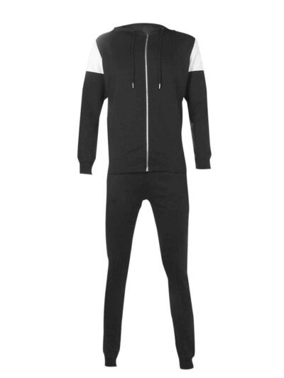 Custom tracksuit showcasing panel design. Soft, brushed fabric, neat stitching. Contrasting colors highlight the modern silho