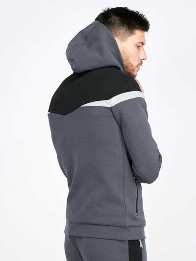 Soft heather grey hooded sweatshirt with front pocket and ribbed trims