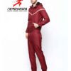 Crimson & black sports tracksuit; performance fabric, subtle stitching, comfortable fit. Ideal for custom athletic apparel pr