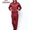Crimson & black sports tracksuit; performance fabric, subtle stitching, comfortable fit. Ideal for custom athletic apparel pr