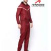 Crimson & black sports tracksuit; performance fabric, subtle stitching, comfortable fit. Ideal for custom athletic apparel pr