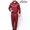 Crimson & black sports tracksuit; performance fabric, subtle stitching, comfortable fit. Ideal for custom athletic apparel pr