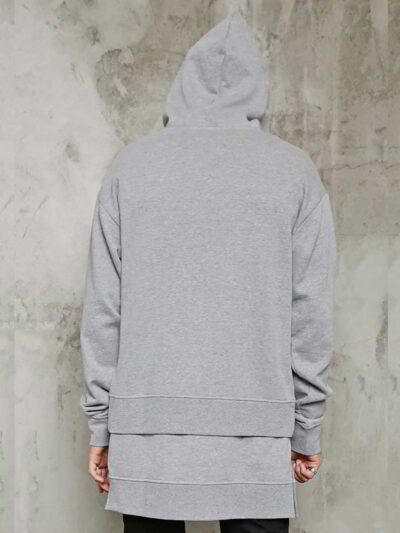 Double he custom longline hoodie in heavyweight black cotton with ribbed cuffs and front kangaroo pocket