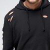 Close look at the sleek, navy Rips Pullover Hoodie, showcasing its soft, textured fabric, contrast stitching, and drawstring