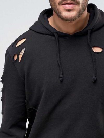 Close look at the sleek, navy Rips Pullover Hoodie, showcasing its soft, textured fabric, contrast stitching, and drawstring