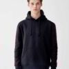 Charcoal gray blank hoodie with distinctive side taping design, showcasing soft fabric texture and meticulous stitching