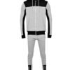 Skinny fit jogging tracksuit: panel design, custom cut and sew. Noticeable fabric texture, detailed stitching, athletic wear.