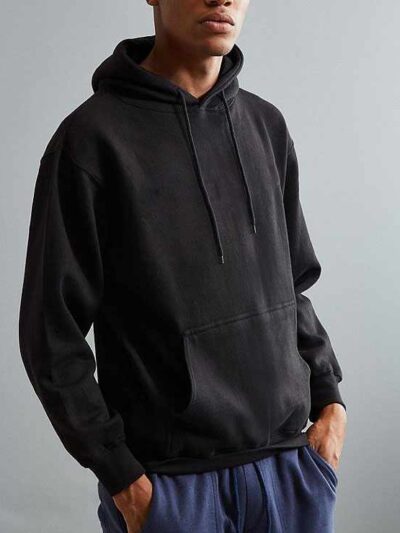 Soft black hoodie with front pocket and ribbed cuffs, crafted from sustainable materials