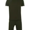 High GSM streetwear tracksuit: short-sleeve t-shirt and shorts. Thick fabric, visible stitching. Casual, comfortable fit. Hin