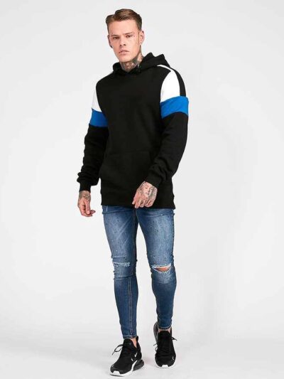 Thick black cotton hoodie with kangaroo pocket and ribbed cuffs