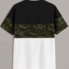 Men's crew neck tee featuring a color block camo pattern with bold letter graphics. Soft, breathable 100% cotton with clean s