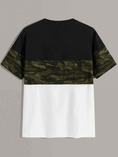 Men's crew neck tee featuring a color block camo pattern with bold letter graphics. Soft, breathable 100% cotton with clean s