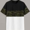 Men's crew neck tee featuring a color block camo pattern with bold letter graphics. Soft, breathable 100% cotton with clean s