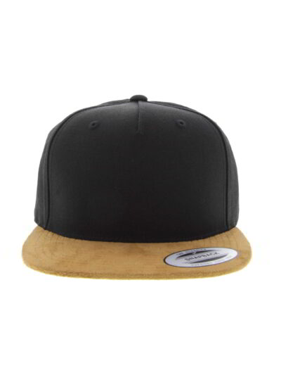 Two-tone baseball cap: heather gray front, navy bill. Snapback closure, embroidered logo. Durable woven fabric with neat, con