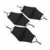 Close-up of a breathable black fabric mouth mask. Adjustable straps, fine stitching detail. Reusable dust protection. - View