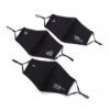 Close-up of a breathable black fabric mouth mask. Adjustable straps, fine stitching detail. Reusable dust protection. - View