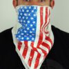 White bandana face mask printed with the American flag. Soft fabric, subtle stitching detail. Patriotic face covering. - View