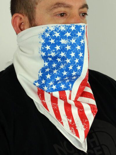 White bandana face mask printed with the American flag. Soft fabric, subtle stitching detail. Patriotic face covering. - View