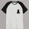 Black and white striped baseball t-shirt with a textured, custom chenille logo. Soft, lightweight knit with durable stitching