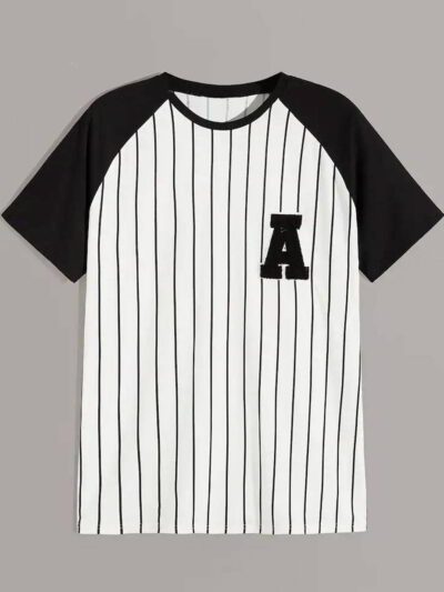 Black and white striped baseball t-shirt with a textured, custom chenille logo. Soft, lightweight knit with durable stitching